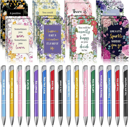 Funrous 32 Pcs Motivational Quote Pens Inspirational Notepads Mini Journal with Ballpoint Pen Small Notebooks Gift for Men Women Coworker Adult Party Favors Prize Teacher Student Office(Stylish)