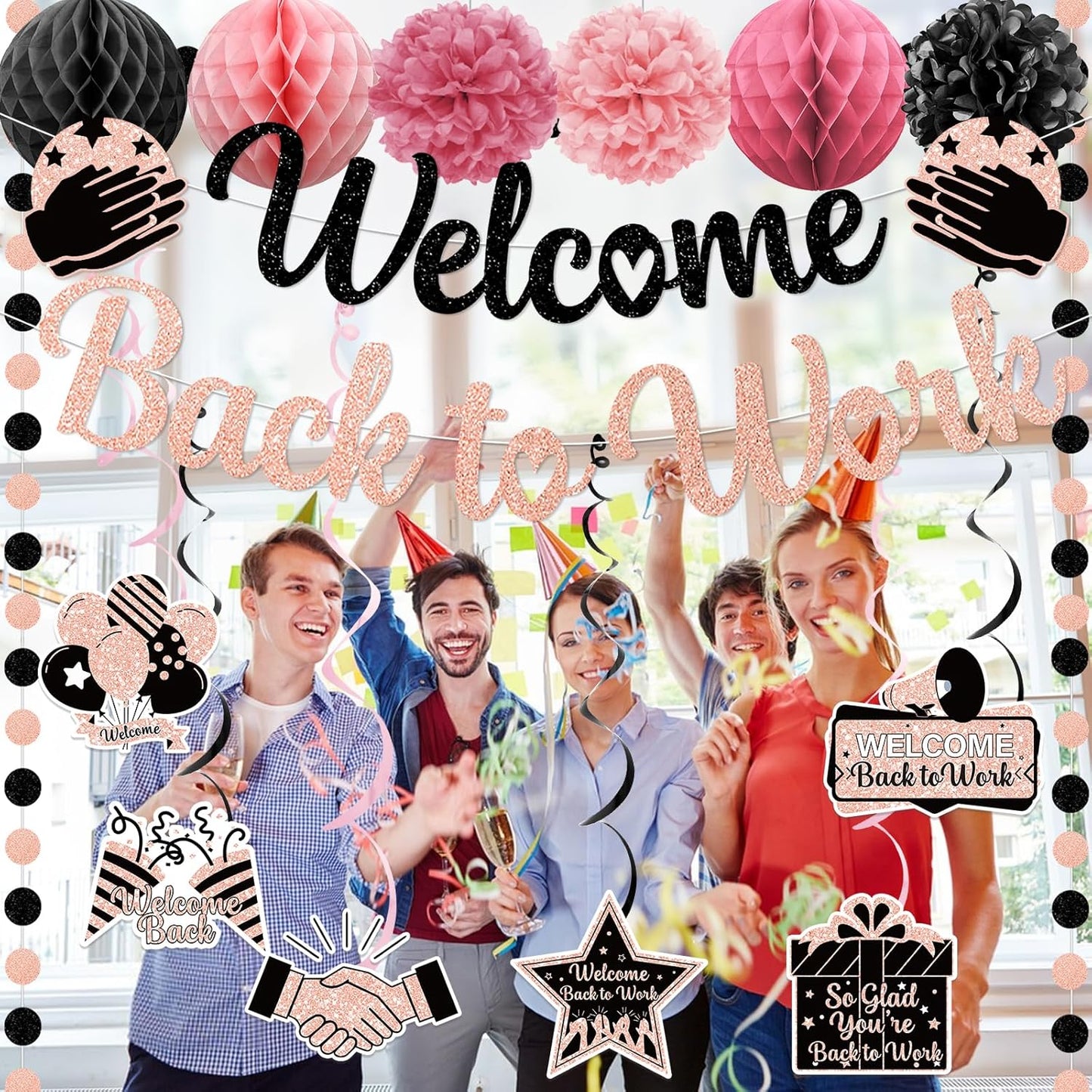 Welcome Back Decorations for Office Welcome Back to Work Decorations with Banner Circle Dot Garland Hanging Swirls Pompoms for Office Party Decor Sign