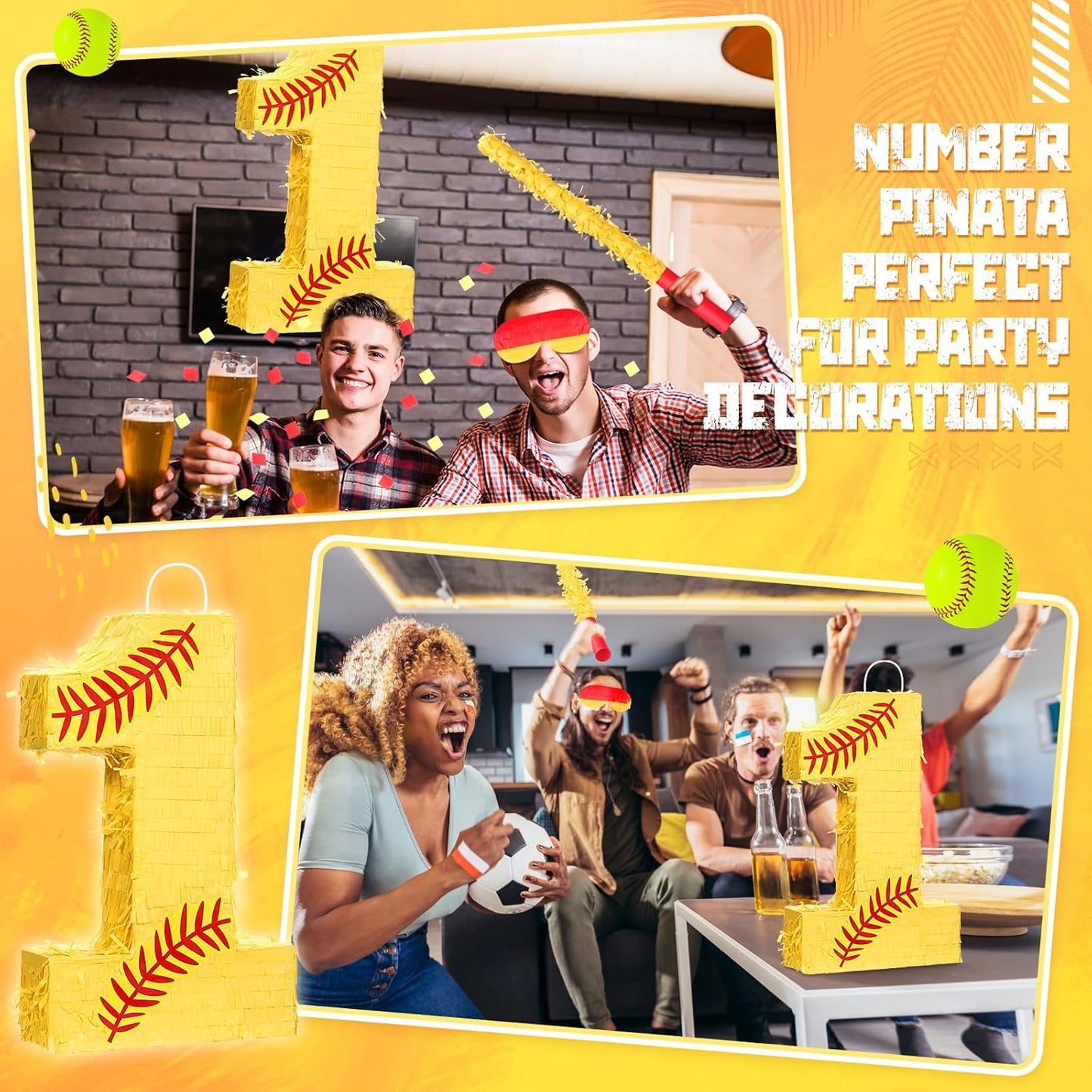 Soulchen Softball Number Piñata Set 16 Inch Yellow Softball Piñata with Blindfold Bat Confetti for Ball Sports Themed Birthday School Party Supplies Outdoor Game Decoration(Number 5)