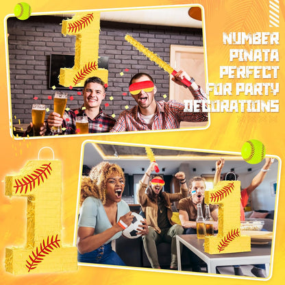 Soulchen Softball Number Piñata Set 16 Inch Yellow Softball Piñata with Blindfold Bat Confetti for Ball Sports Themed Birthday School Party Supplies Outdoor Game Decoration(Number 5)