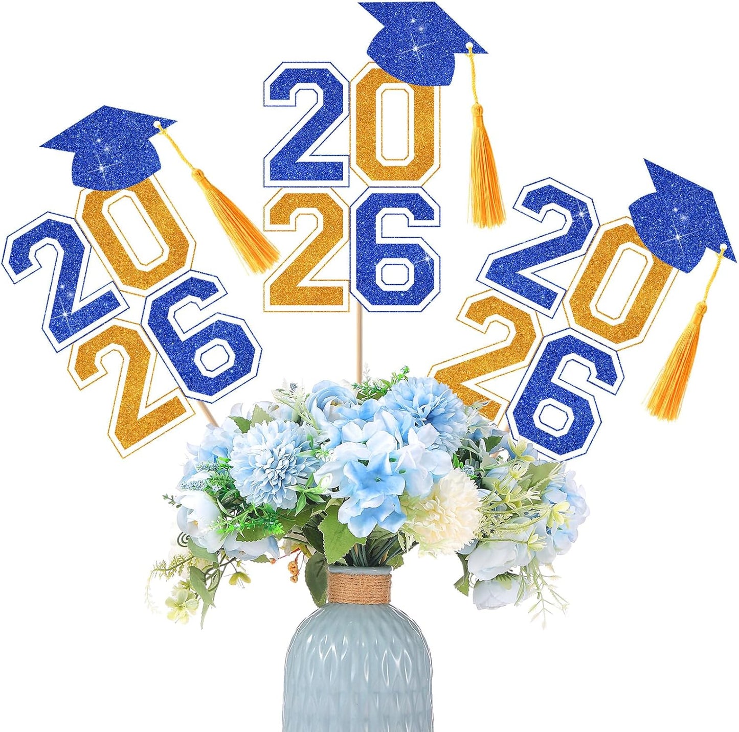 10 Pcs Graduation Table Centerpieces Sticks with Tassels, class of 2026 Grad Cap Picks Table Decoration Cupcake Toppers for Party Centerpiece Decoration Supplies(Blue and Gold)