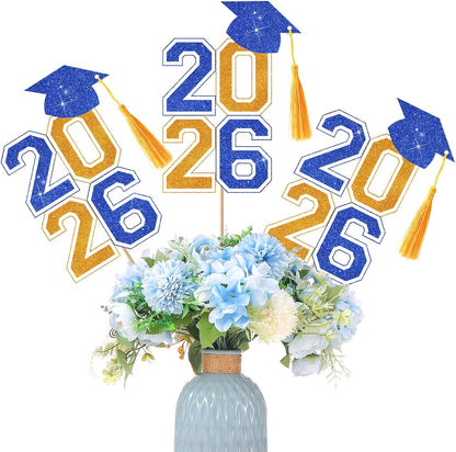 10 Pcs Graduation Table Centerpieces Sticks with Tassels, class of 2026 Grad Cap Picks Table Decoration Cupcake Toppers for Party Centerpiece Decoration Supplies(Blue and Gold)