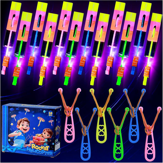 SCIONE 24 Sets LED Flying Set, 24 Slingshot+24 Glow Helicopter-48 Pcs, Flying Toy Outdoor Toys Glow in The Dark Party Supplies Party Favors for Kids 8-12,4-8