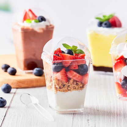 Kucoele 50 Pack 5 oz Dessert Cups with Lids and Spoons, Clear Plastic Parfait Appetizer Cups Dessert Shooters Party Serving Cups for Pudding Fruit Mousse and Yogurt