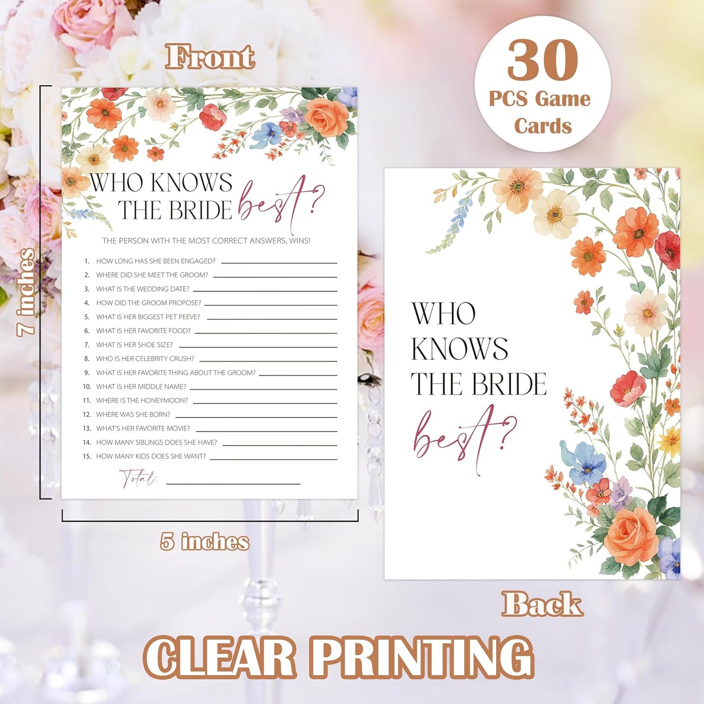 Wildflower Bridal Shower Games, Boho Flowers Bridal Shower Bingo Game with Blank Squares for 30 Guests with Game Cards, Bridal Shower Decor, Wedding Decorations Supplies (15)