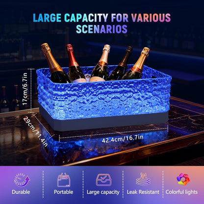 15L LED Ice Bucket for Parties, Rechargeable 7-Color Changing Light Up Beverage Tub, Clear Acrylic Wine & Champagne Drink Cooler, Leakproof Party Tub for Home Bar & Outdoor Entertaining
