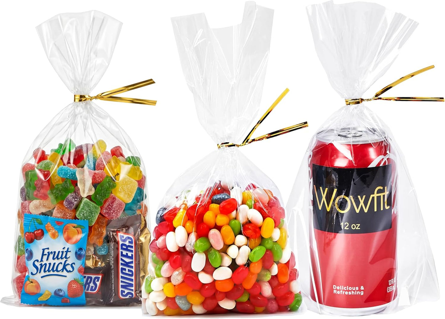 Wowfit 50 CT 8x11 inches Clear Bottom Gusset Cellophane Treat Bags with 6" Gold Twist Ties, Cello Packaging for Mugs, Dessert, Muffins, Party Favors and Gift Wrapping