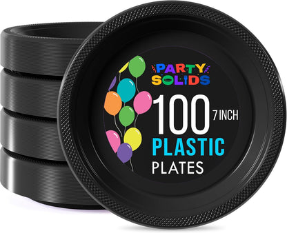 Party Solids Black Plastic Plates For Party 10" Black Disposable Plates For Party Supplies 100 Pcs Plastic Dinnerware Sets Heavy Duty 350 GSM Disposable Dinnerware Set