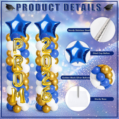 2 Sets Graduation Balloon Column Stand Kits with Balloons 2026 Grad Themed Decoration Navy Blue Balloon Tower Stand Kit for Grad High School & College Celebration Party Decor