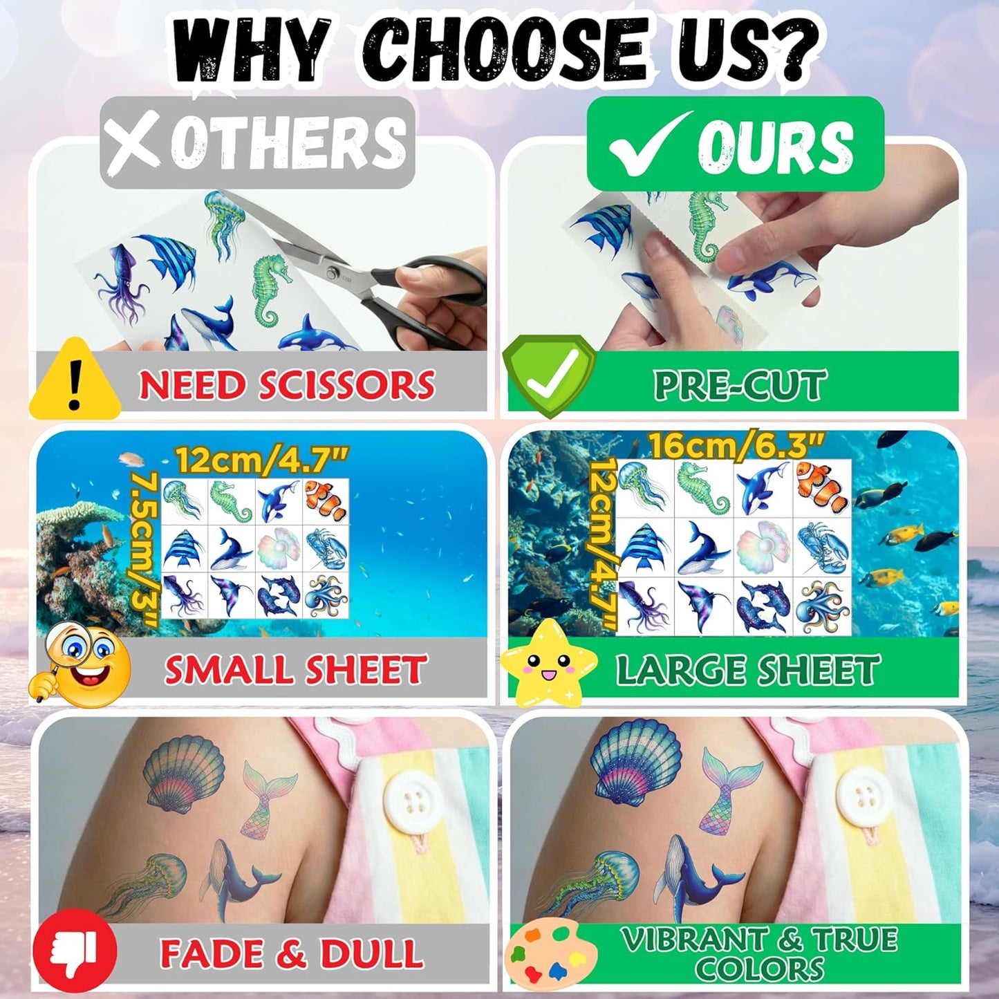 96PCS Ocean Temporary Tattoos Stickers - Under The Sea Themed Birthday Party Favors Adventure Ocean Birthday Party Decorations Accessories Supplies Gift For Kids Teens Adult Classroom Prizes Rewards