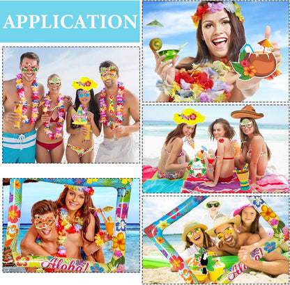 Hawaiian Party Photo Booth Props Kit, 30 PCS Luau Photo Booth Props with Large Inflatable Selfie Picture Frame for Hawaiian Tropical Tiki Summer Pool Party Supplies