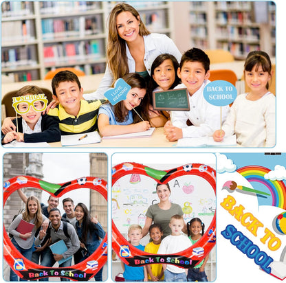Back to School Photo Booth Frame Inflatable Apple Balloon Frame with 25pcs Photo Props, 40Inch Large First Day of School Selfie Photo Booth Backdrop Welcome Back to School Decorations Party Supplies