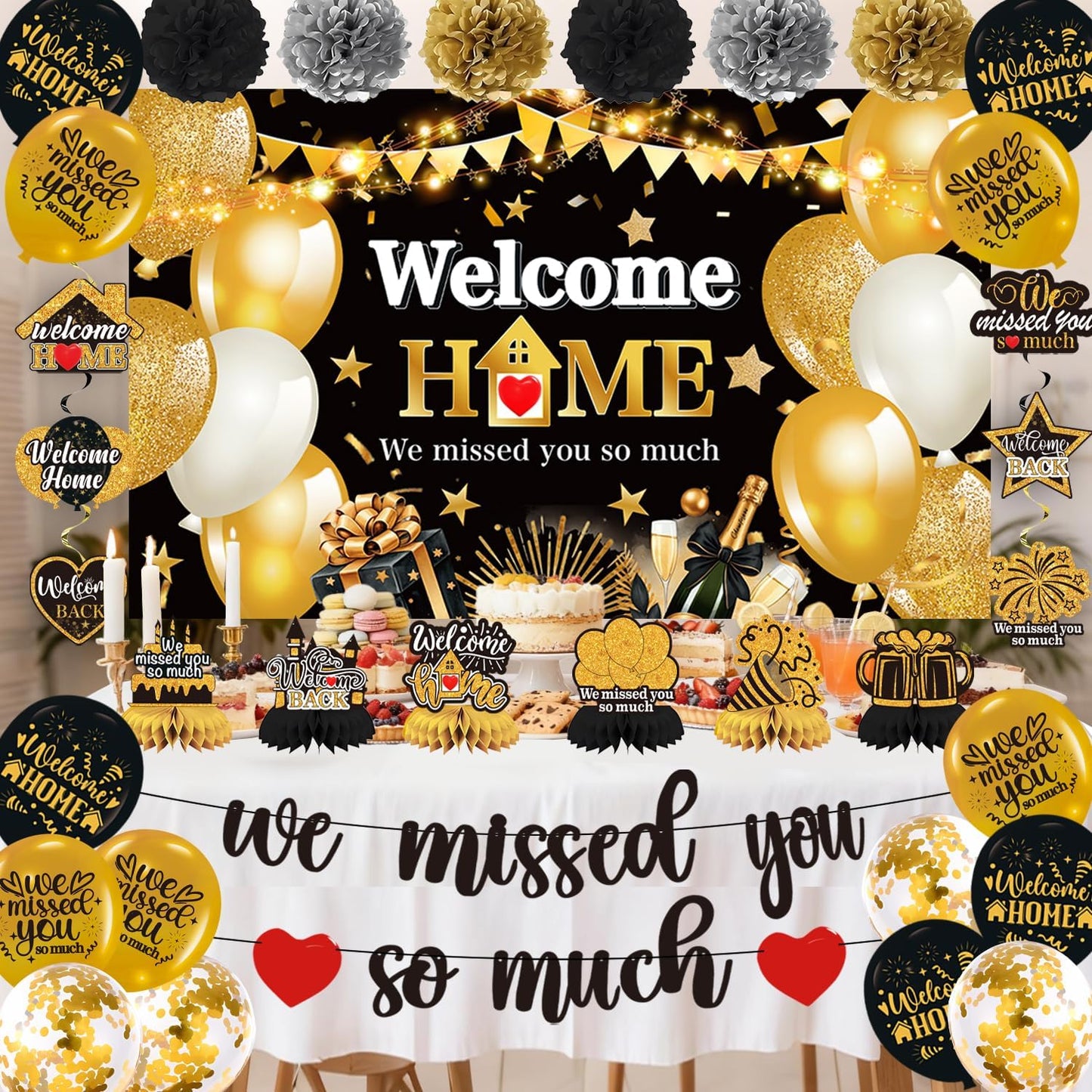 Welcome Home Party Decorations Set- Black Gold Welcome Back Decorations We Missed You So Much Banner Party, Glitter Welcome Home Party Sign Banner Balloons Decor Set, Family Reunion Party Supplies