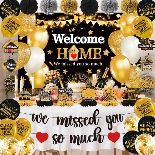 Welcome Home Party Decorations Set- Black Gold Welcome Back Decorations We Missed You So Much Banner Party, Glitter Welcome Home Party Sign Banner Balloons Decor Set, Family Reunion Party Supplies