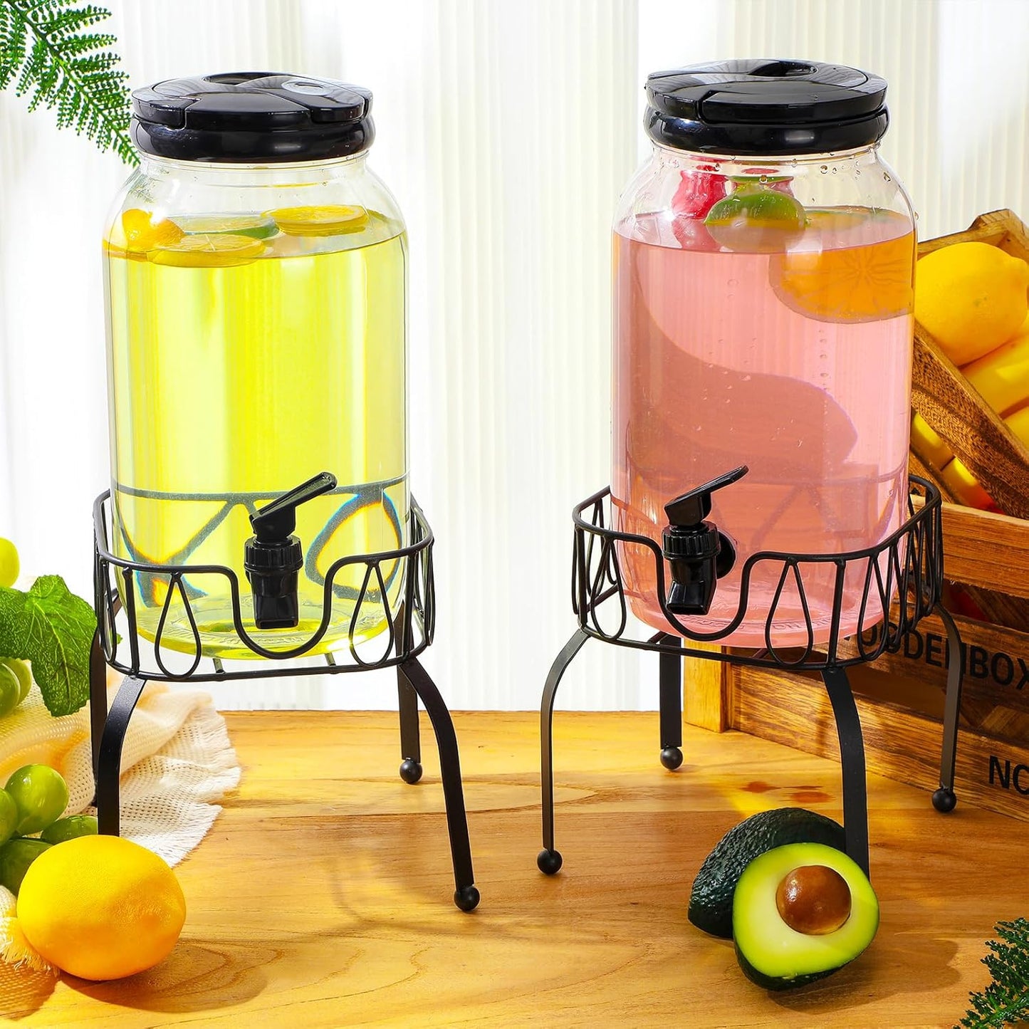 Tanlade 2 Pcs Plastic Drink Dispenser with Stand Beverage Dispenser with Sturdy Metal Base Juice Jar for Parties Lemonade Jar Spigot for Weddings Countertop Water, Each 1 Gallon (Gold)