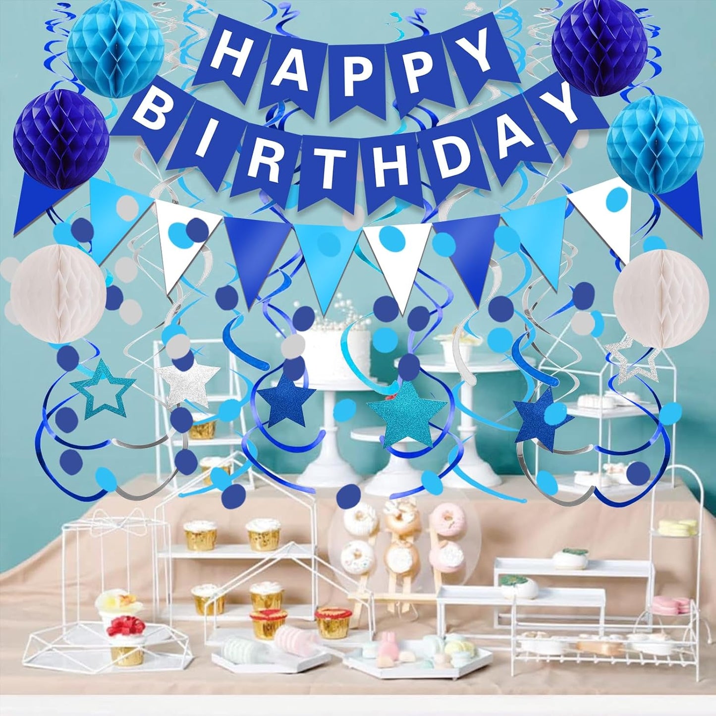 Fecedy Happy Birthday Banner With Colorful Paper Flag Bunting Paper Circle Confetti Garland Swirl Streamers Honeycomb ball for Birthday Party Decorations
