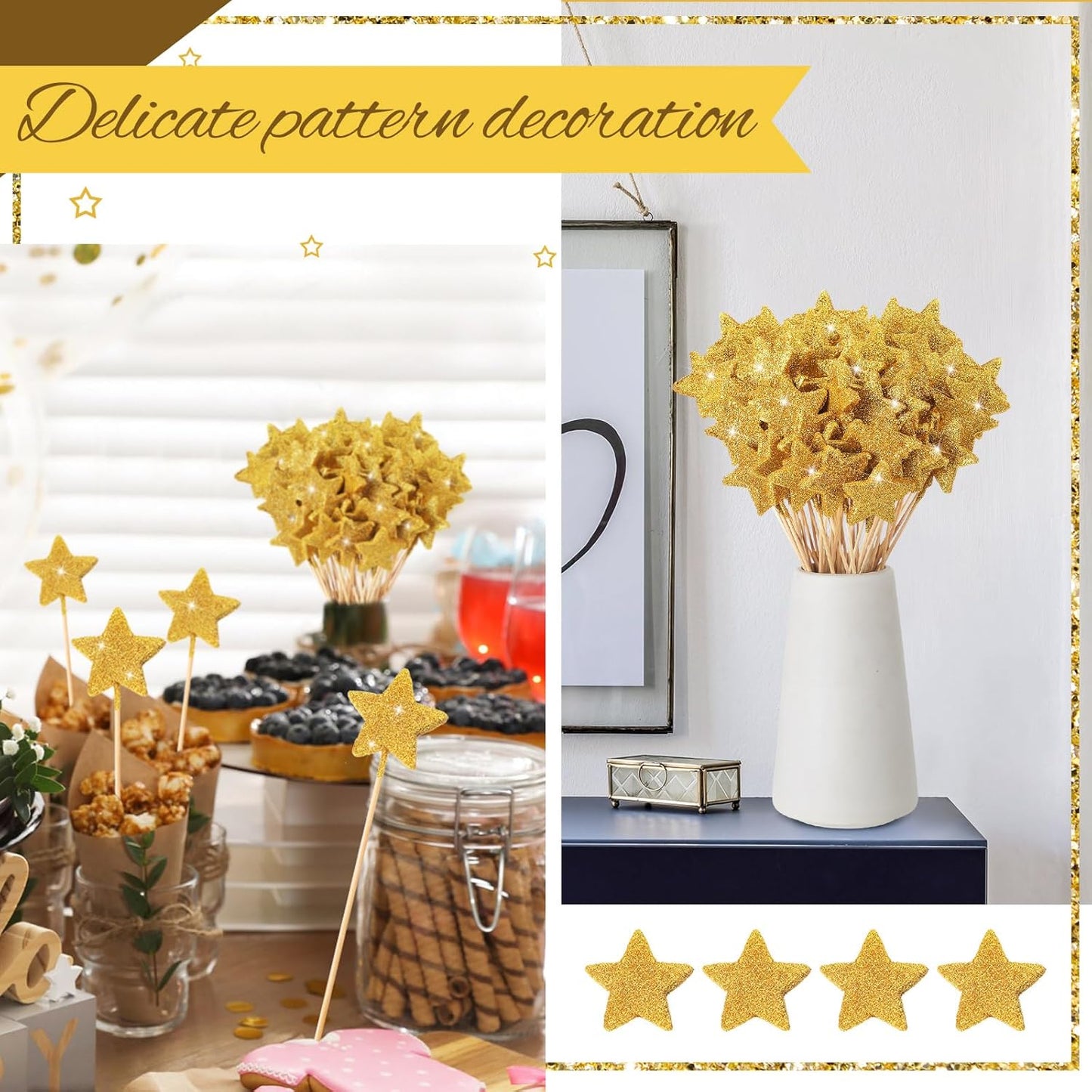 Suzile 60 Pcs Golden Star Floral Pick 8'' Star Centerpiece Table Decor Gold Glitter Craft Stick Sparkly Foam Stem for Floral Arrangement Wreath Wedding Bridal Baby Shower Birthday Stars Arrangement