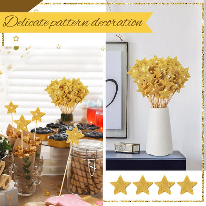 Suzile 60 Pcs Golden Star Floral Pick 8'' Star Centerpiece Table Decor Gold Glitter Craft Stick Sparkly Foam Stem for Floral Arrangement Wreath Wedding Bridal Baby Shower Birthday Stars Arrangement