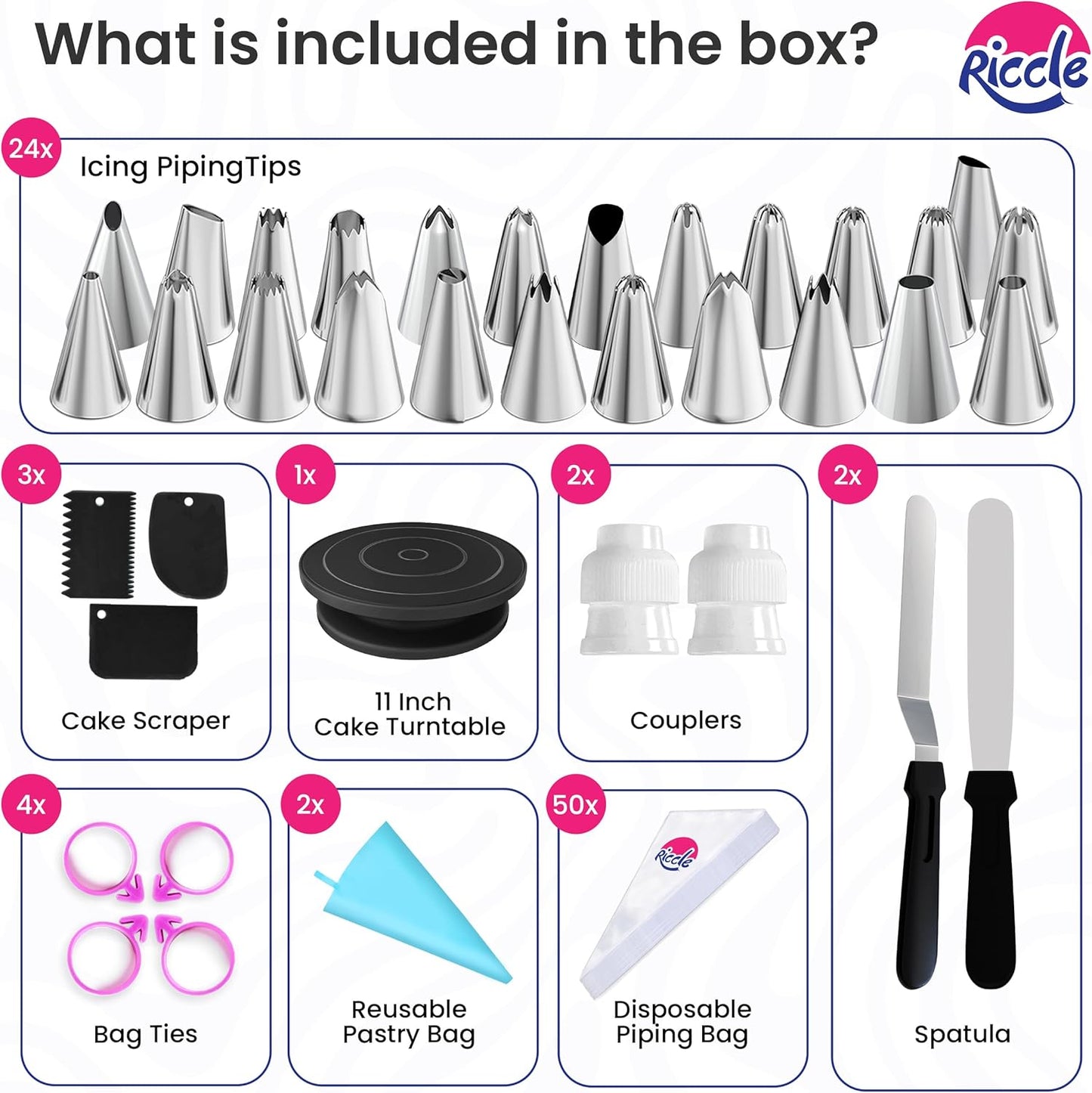 Riccle 88 pcs Cake Decorating Kit with Cake Turntable - Includes 50 Disposable + 2 Reusable Piping Bags and Tips Set, 24 Icing Piping Tips, 2 Spatulas, 3 Icing Comb Scraper, Baking Supplies
