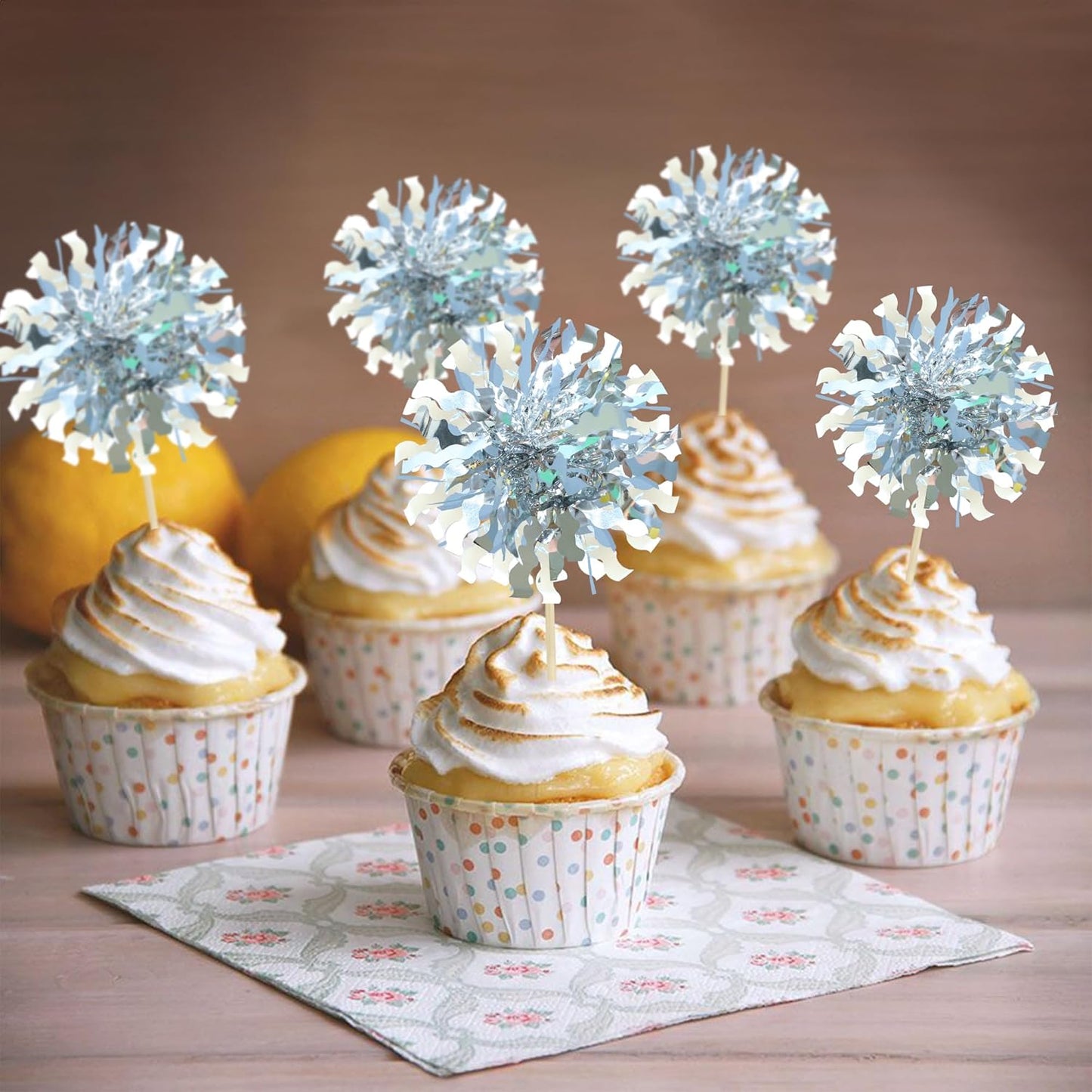 Ephlyn 30Pcs Foil Firework Cupcake Toppers Sparkle Tinsel Cupcake Picks Drink Stirrers Cocktail Food Fruit Toothpicks for Baby Shower Graduation Party Supplies White