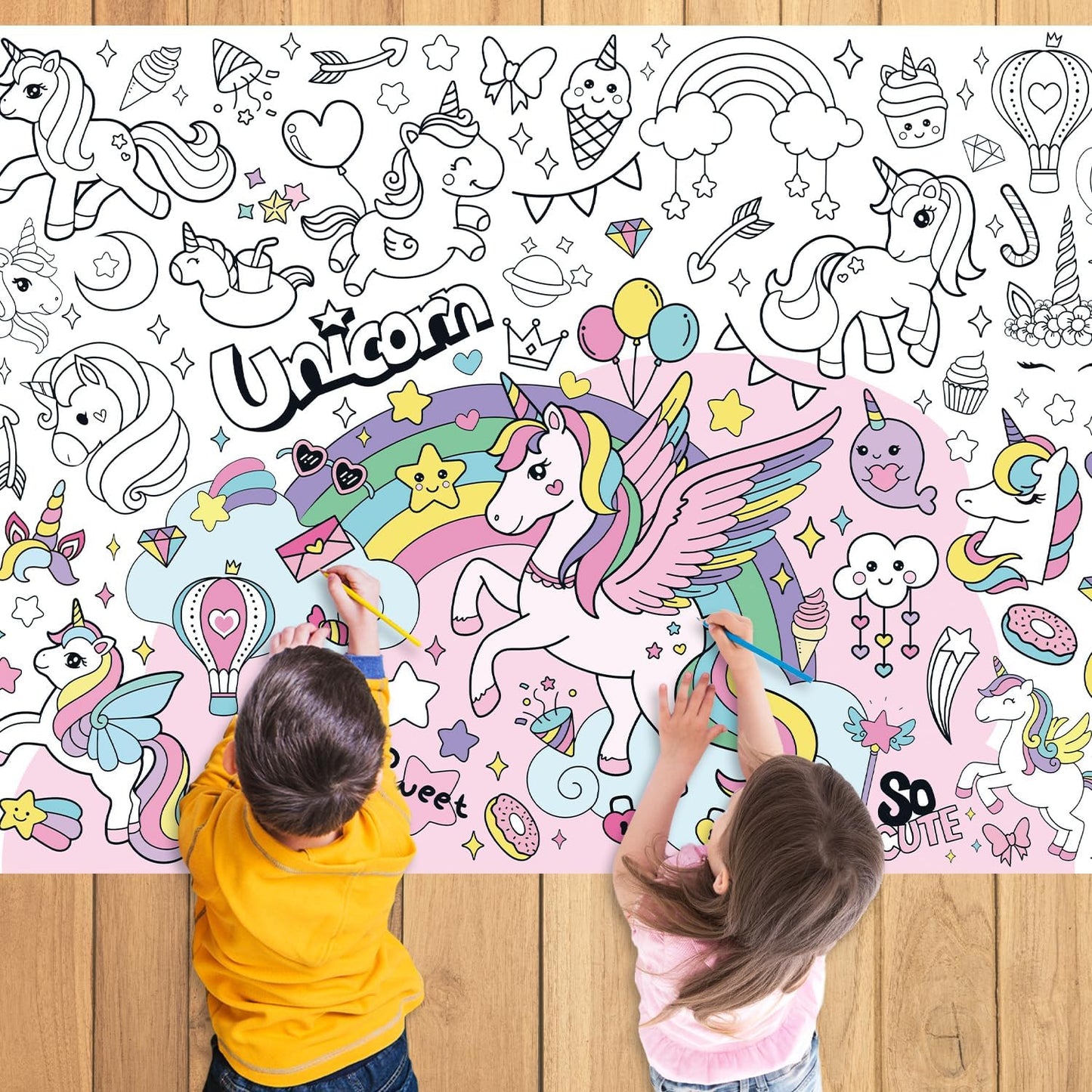 43.3x31.5 Summer Coloring Poster with Picture, Giant Cute Painting Poster, Large Coloring Tablecloth for Classroom Home Birthday Party Supplies Favor