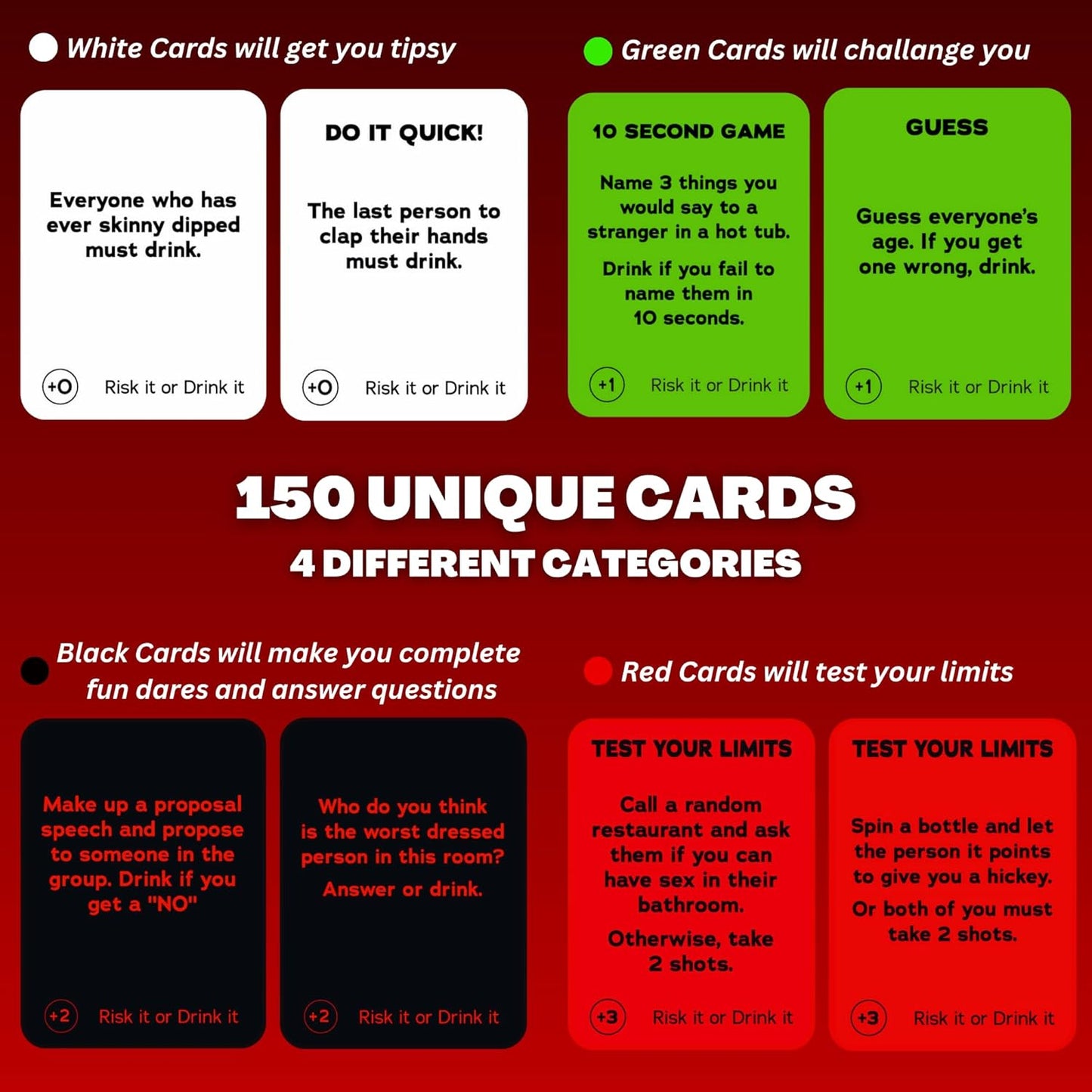 | Fun Drinking Game for Adults: 150 Hilarious Dares & Risky Questions | Adult Party Games for Block Party, Pregame, College, Girls Night, Bachelorette