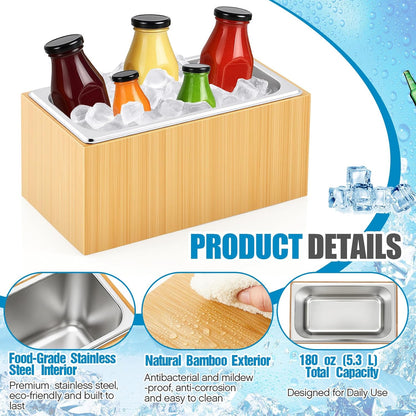 Ice Housing Bin with Removable Tray Ice Holder Container Wine Beer Champagne Drink Bucket Beverage Tub for Freezer Display Buffet Bar Counter Party Drink Chiller(Bamboo and Steel,21" X 13" X 5.5")