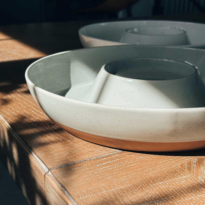Mora Ceramic Chips and Dip Serving Tray: Large Divided Party Bowl Set for Chips & Salsa, Veggies & Dip, Fruit, Snacks, Entertaining, Hosting, etc. Minimalist Design for the Modern Hostess - White