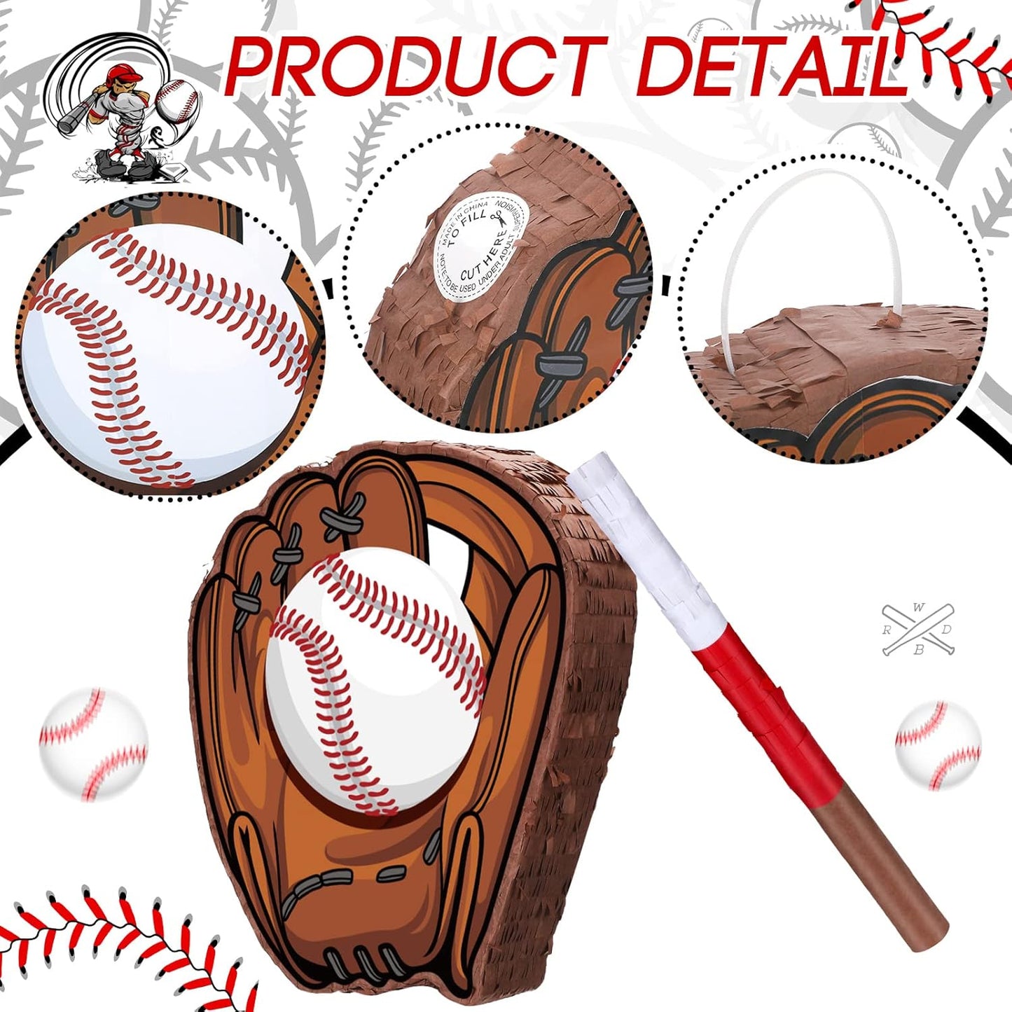 Baseball Piñata with Blindfold Bat for Birthday Party Softball Paper Piñata Sports Balls Confetti Baseball Party Supplies for Birthday Party Decorations 13.19 x 13.19 x 3 Inch(Cool)