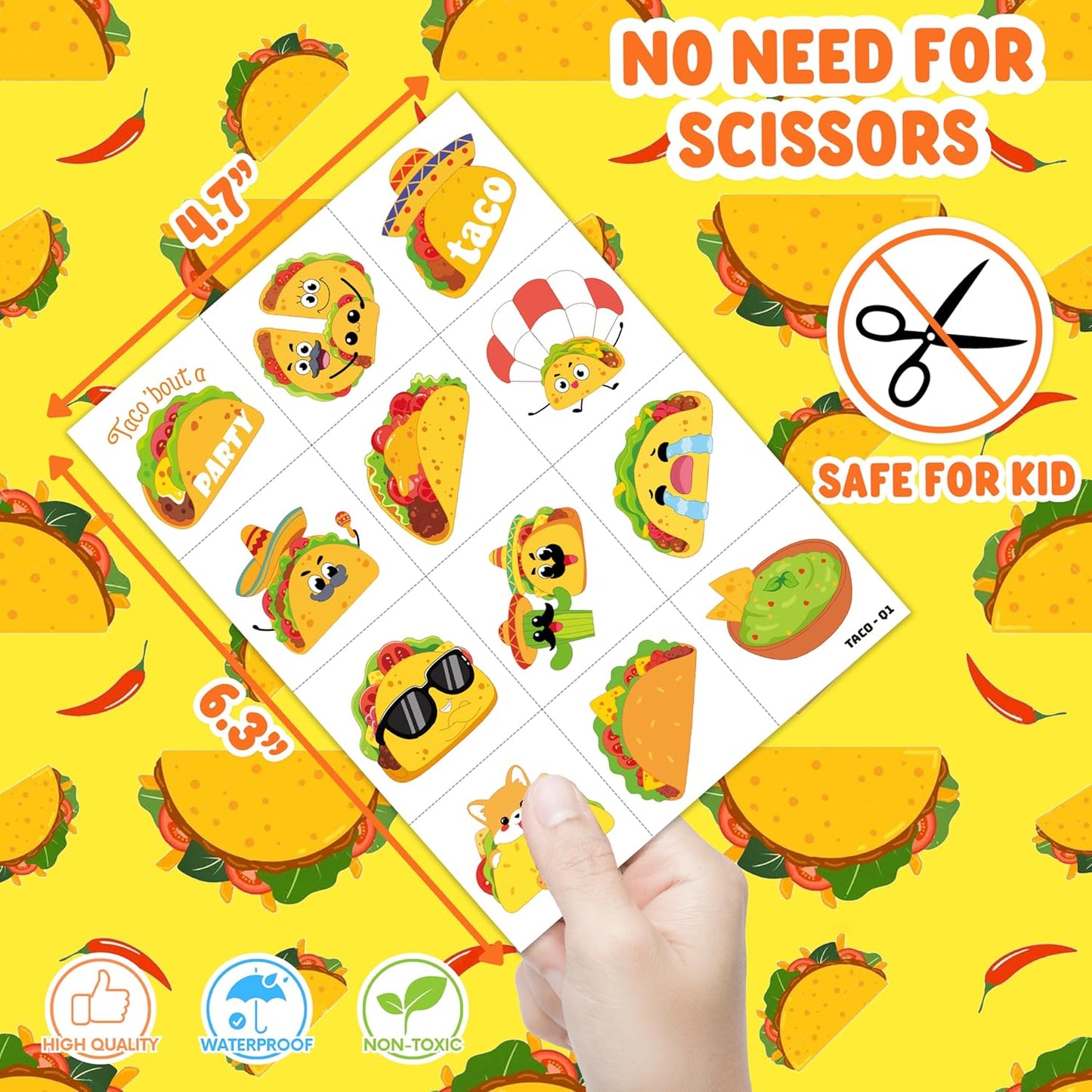 96 PCS Taco Mexican Fiesta Pre-Cut Temporary Tattoos for Kids | Cute Cinco de Mayo Themed Birthday Party Favors, Supplies, Decorations, Fake Tattoo Stickers, School Rewards Prizes & Gifts Boys Girls