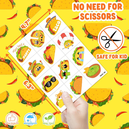 96 PCS Taco Mexican Fiesta Pre-Cut Temporary Tattoos for Kids | Cute Cinco de Mayo Themed Birthday Party Favors, Supplies, Decorations, Fake Tattoo Stickers, School Rewards Prizes & Gifts Boys Girls