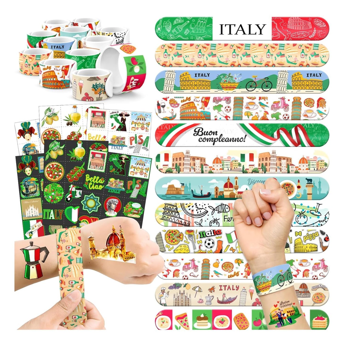 96 PCS Italy Party Favors Set – 72 Pre-Cut Tattoos & 24 Slap Bracelets, Perfect for Travel-Inspired Birthdays & Cultural Celebrations