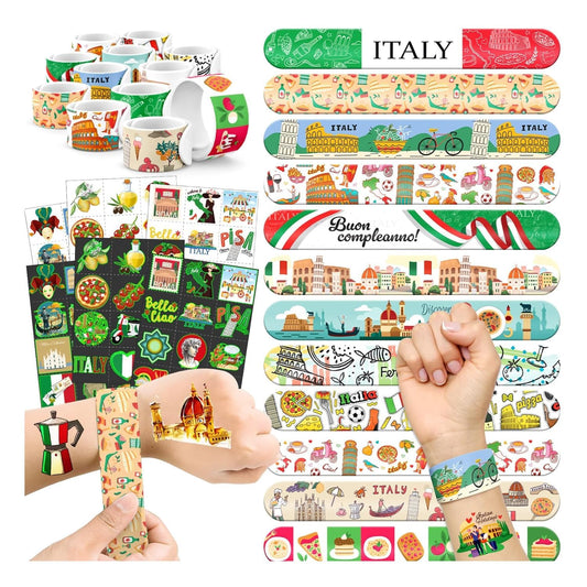 96 PCS Italy Party Favors Set – 72 Pre-Cut Tattoos & 24 Slap Bracelets, Perfect for Travel-Inspired Birthdays & Cultural Celebrations