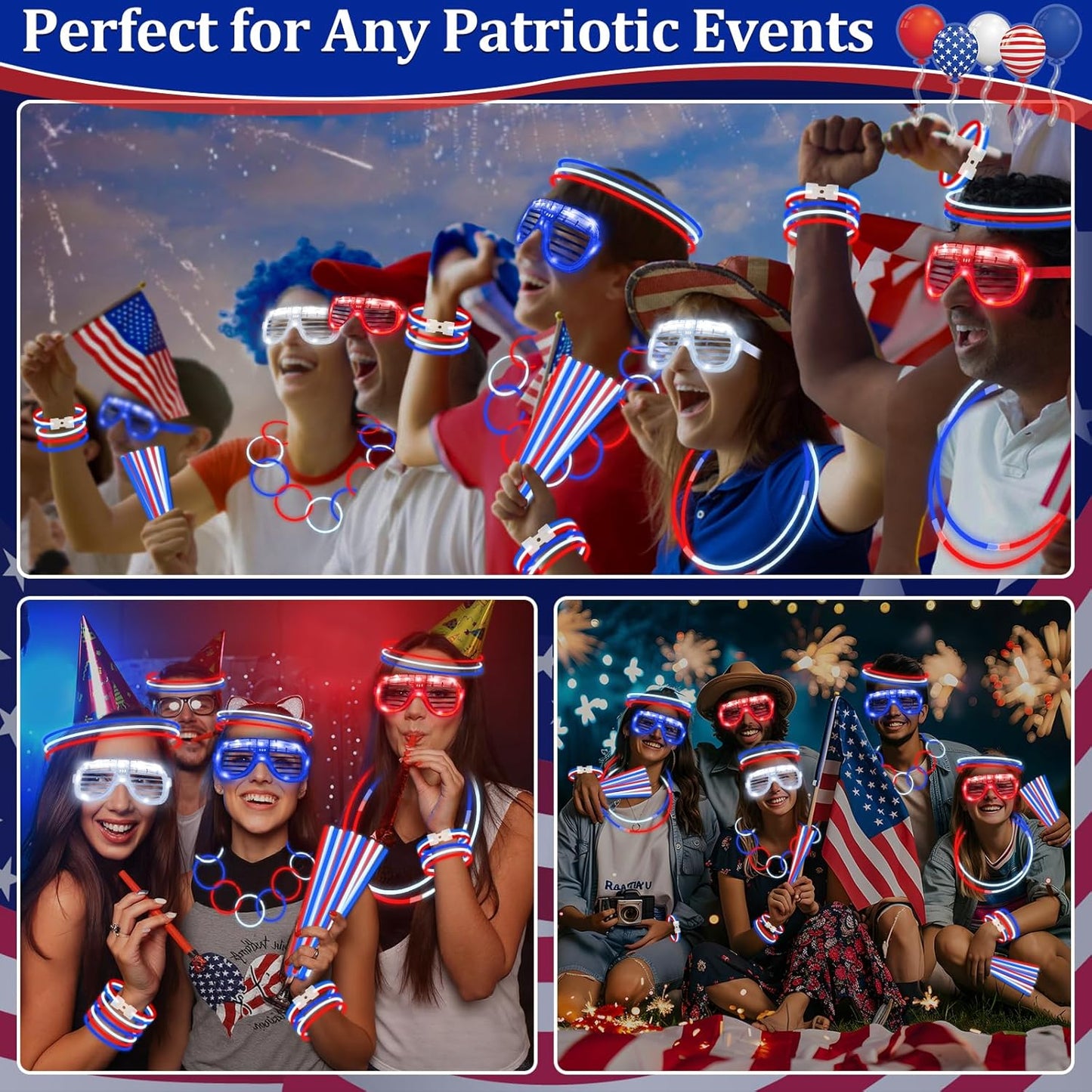 TURNMEON 248 Pcs 250th Anniversary 4th of July Light Up Party Favors, 24 Red White Blue Glasses 200 Patriotic Glow Sticks Bulk with Connectors Glow in the Dark Party Supplies Independence Day Decor