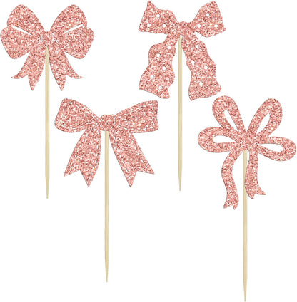 Ephlyn 24Pcs Pink Bow Cupcake Toppers Bow Birthday Cake Topper Girls Birthday Party Decorations Bowknot Cupcake Decorations for Bridal Wedding Themed Party Multi