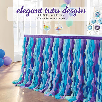 leegleri 6FT Tulle Ruffle Curly Willow Table Skirt for Rectangle or Round Tables, Under The Sea Ocean Blue Baby Shark Themed Tutu Table Skirt for Baby Shower, Birthday Party