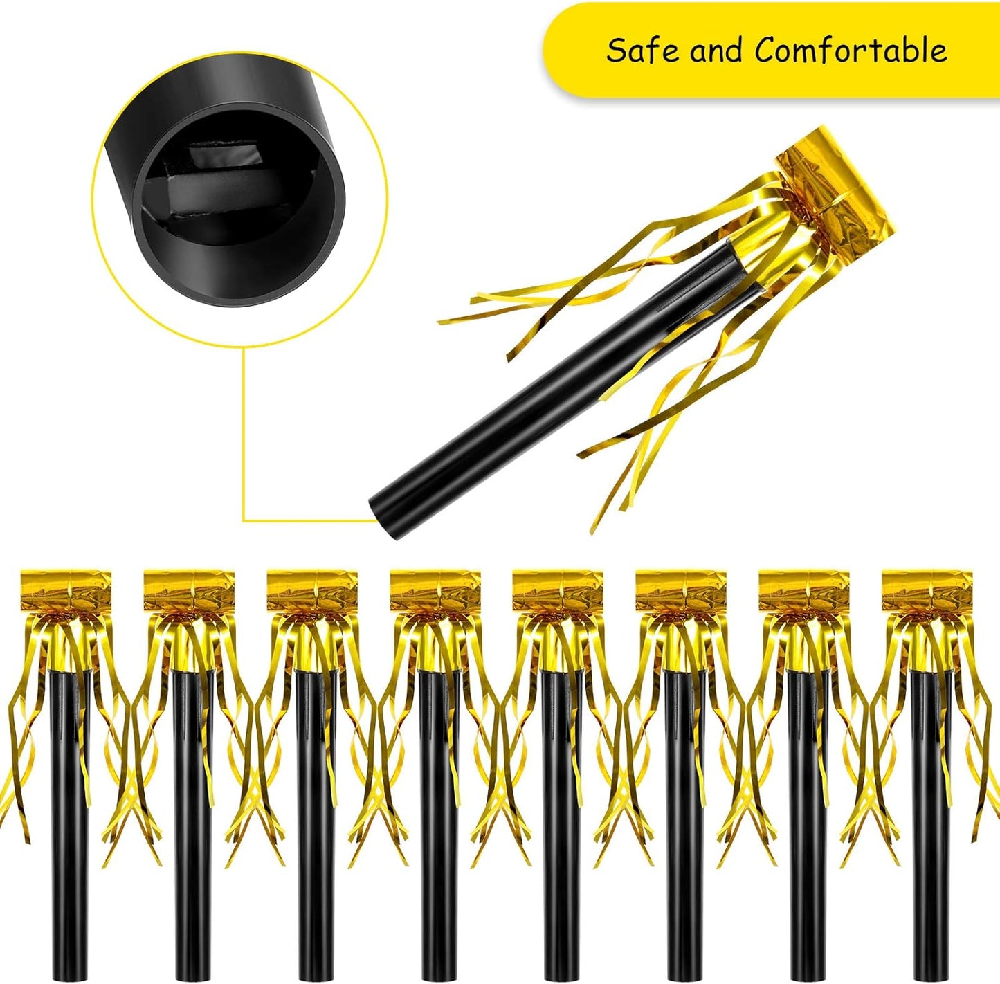 Skylety 18 Party Blower Noisemakers Glitter Birthday Noise Maker Squawkers Blowouts Whistles Fringed for Sport Events Musical Blowouts for Wedding 2026 Grad Party Supplies (Gold)