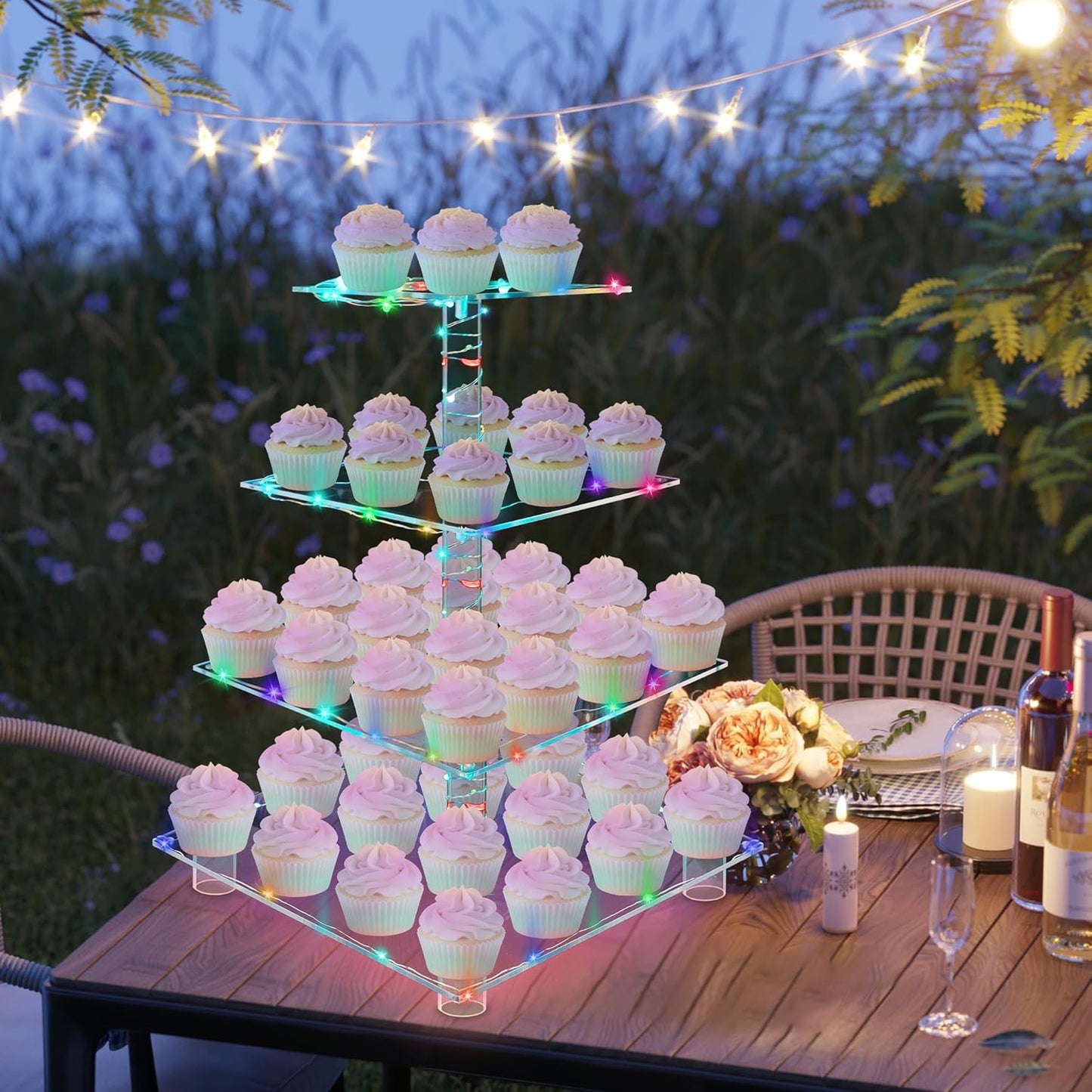 YestBuy Cupcake Stand with Yellow Led Lights, 4 Tier Cupcake Stand for 50 Cupcakes, Acrylic Cupcake Tower Stand, Clear Tiered Cupcake Holder for Birthday Cady Bar Décor Weddings, Parties Events