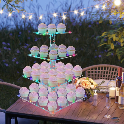 YestBuy Cupcake Stand with Yellow Led Lights, 4 Tier Cupcake Stand for 50 Cupcakes, Acrylic Cupcake Tower Stand, Clear Tiered Cupcake Holder for Birthday Cady Bar Décor Weddings, Parties Events
