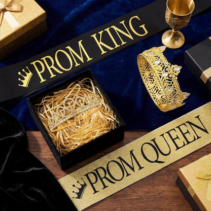 Lyrow 4 Pcs Prom King and Queen Crown Set, Prom King Crown with Sash for Graduation, Queen Tiara with Sash for Grad Couple Accessories Homecoming Birthday Party(Cute,Black,White)
