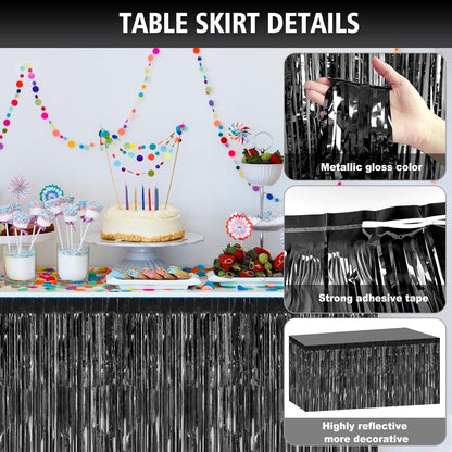 2 Pack 29.5x108 Inch Silver Foil Tinsel Fringe Table Skirts, Disposable Table Skirts for Rectangle Tables Curtains Backdrop Parade Wedding Floats Baby Shower Birthday Mardi Gras Party