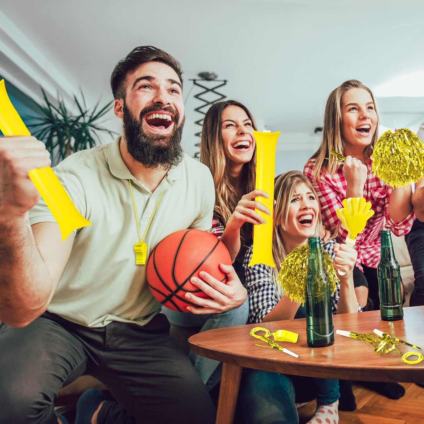 Yunsailing 96 Pcs Homecoming Noisemakers Team Spirit Accessories for Game Day Include Hand Clappers Cheerleading Pom Pom Thunder Stick Cheer Party Blower Plastic Whistle for Sport Fans(Gold)