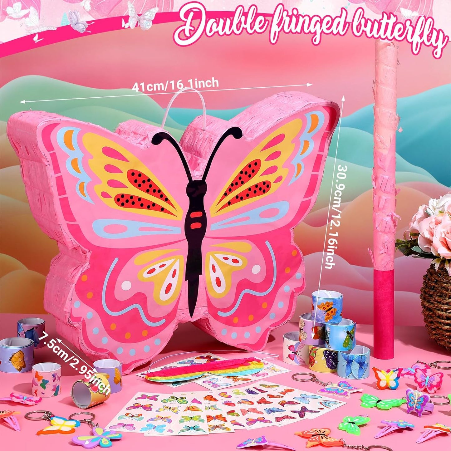 Pasimy 51 Pcs Butterfly Piñata Set Butterfly Birthday Party Supplies Piñata with Stick Blindfold Sticker Hairpin Ring Slap Bracelet Keychain Party Favors for Family Game Decoration(Pink)