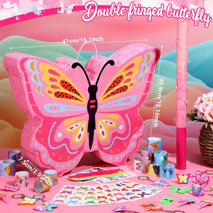Pasimy 51 Pcs Butterfly Piñata Set Butterfly Birthday Party Supplies Piñata with Stick Blindfold Sticker Hairpin Ring Slap Bracelet Keychain Party Favors for Family Game Decoration(Pink)