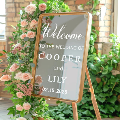 Custom Name Welcome to Our Wedding Signs Personalized Wedding Mirror Decals Selfie Mirror Decal for Wedding Entry Reception Display Golden Date Marriage DIY Vinyl Lettering Welcome Party Decoration