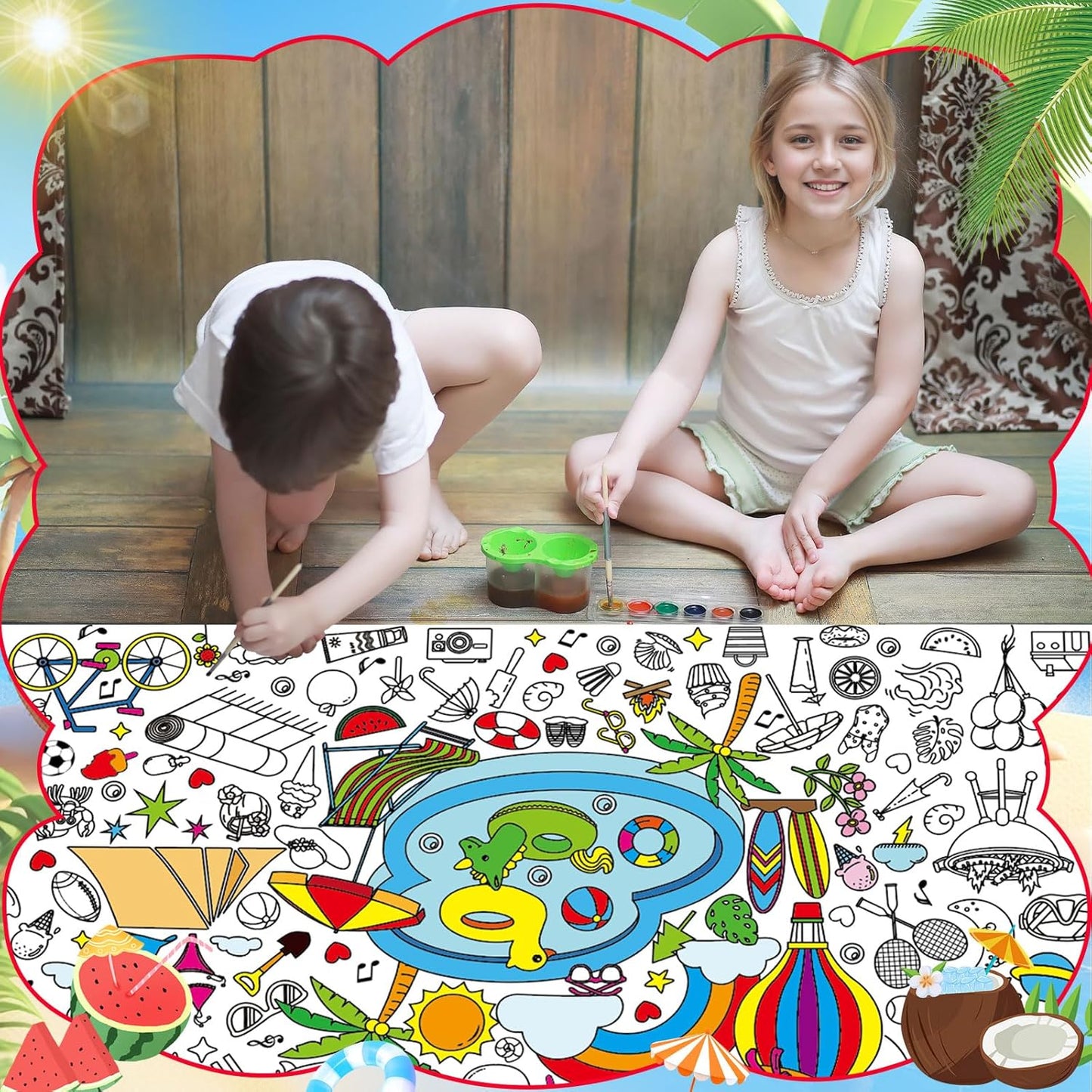 AUGSUN 2 PCS Giant Summer Activity Coloring Poster, Under The Sea Large Coloring Tablecloth Ocean Animals Giant Color-in Paper Table Cover for Kids School Classroom Wall Birthday Crafts Supplies
