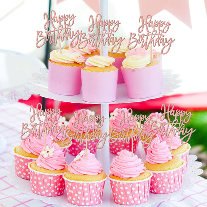 24 PCS Happy Birthday Cupcake Toppers Glitter Picks for Celebrating Anniversary Theme Party Cake Decorations Supplies Gold