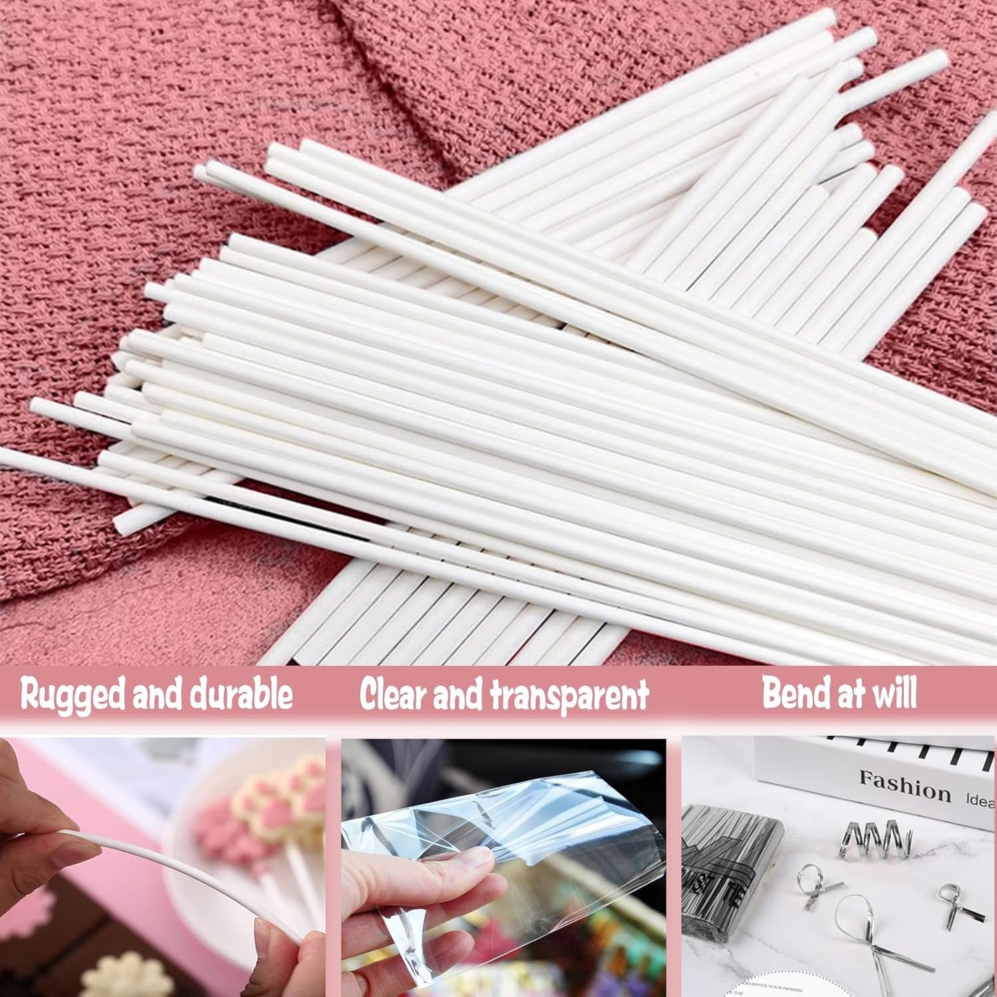 Basquei Cake Pop Sticks 6 Inches, Cake Pop Bags (3.9"X4.7"), Pink Metallic Twist Ties, 300 Pcs Cake Pop Kit Used for, Lollipops Cake, Candies, Chocolates Making Tools