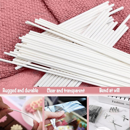 Basquei Cake Pop Sticks 6 Inches, Cake Pop Bags (3.9"X4.7"), Pink Metallic Twist Ties, 300 Pcs Cake Pop Kit Used for, Lollipops Cake, Candies, Chocolates Making Tools