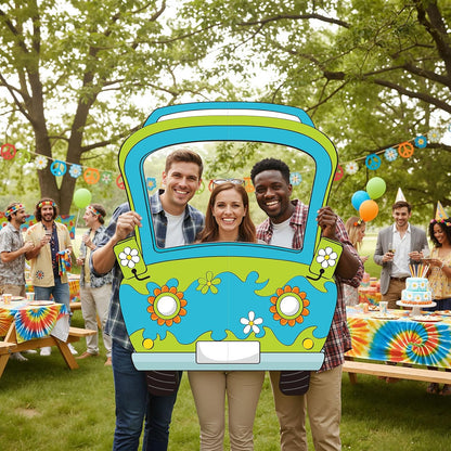 Capoda Hippie Photo Booth Props Selfie Frame with Sticks - 39 x 28 in Corrugated Cardboard Funny Hippie Bus Birthday Party Decorations Daisy Car Blue Green Prop Backdrop Cartoon Birthday Supplies